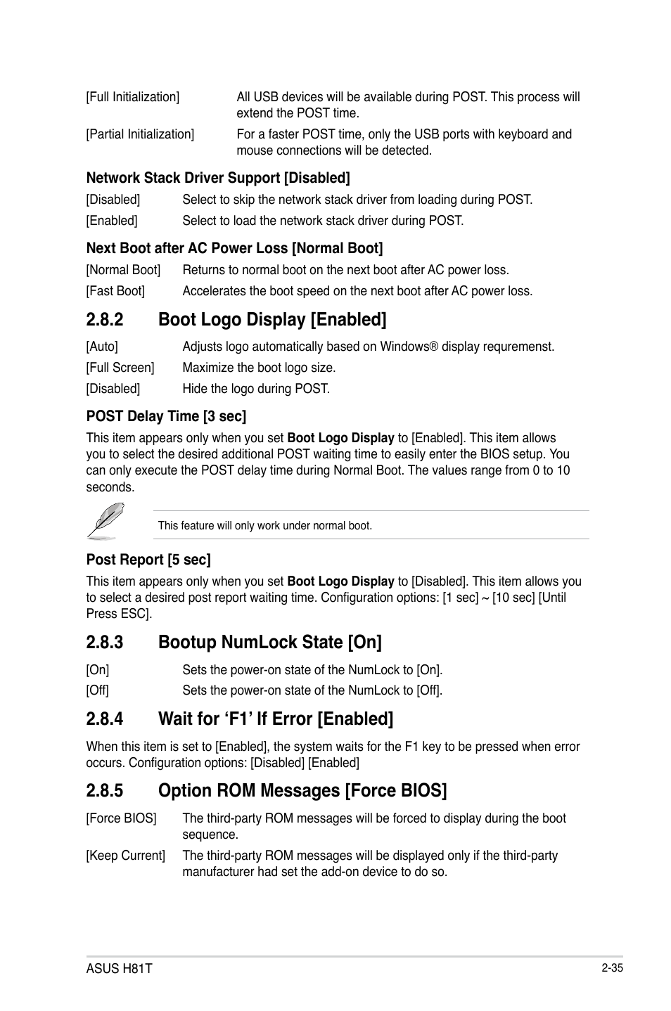 2 boot logo display [enabled, 3 bootup numlock state [on, 4 wait for ‘f1’ if error [enabled | 5 option rom messages [force bios | Asus H81T User Manual | Page 63 / 73