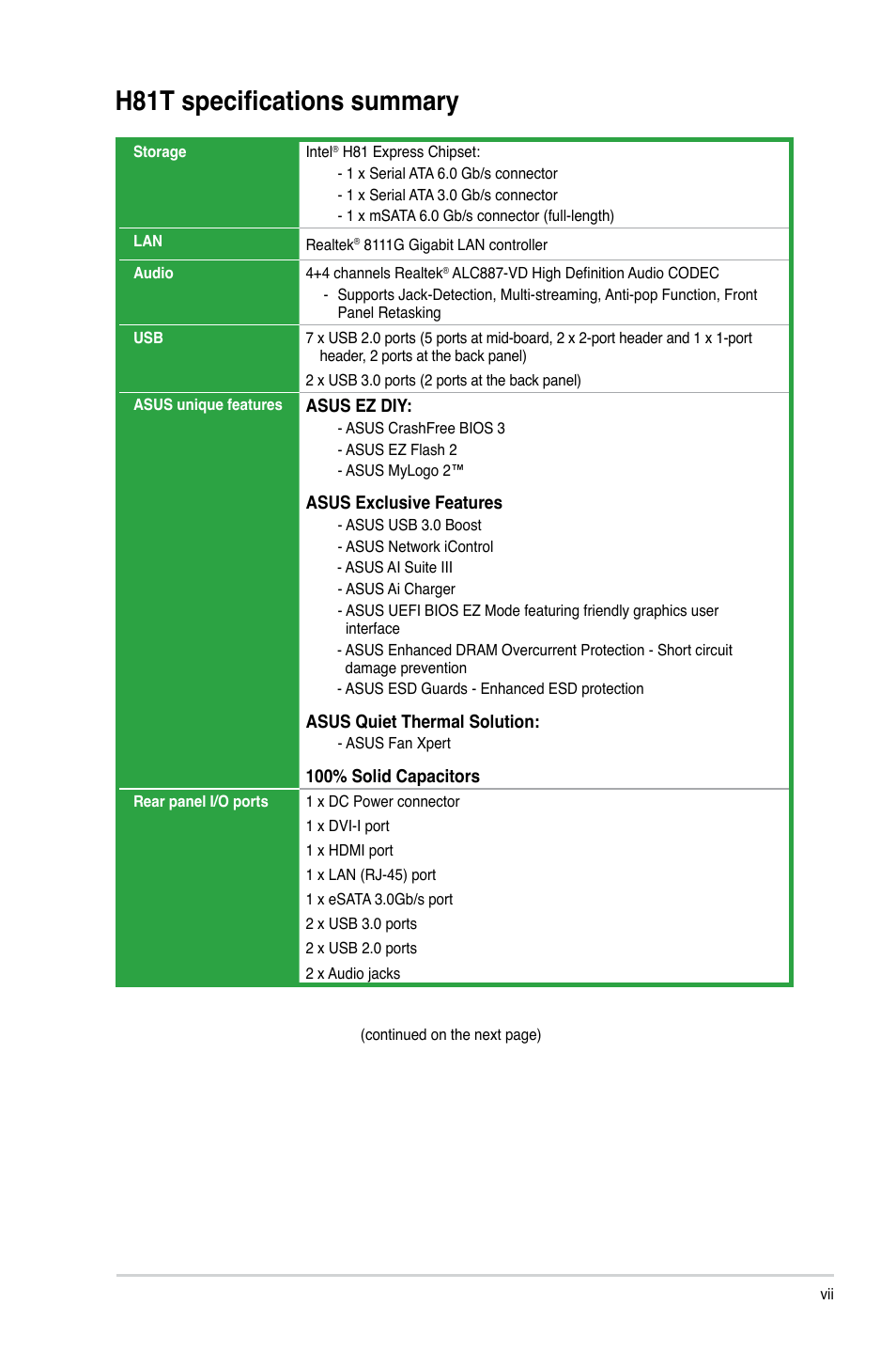 H81t specifications summary | Asus H81T User Manual | Page 7 / 73