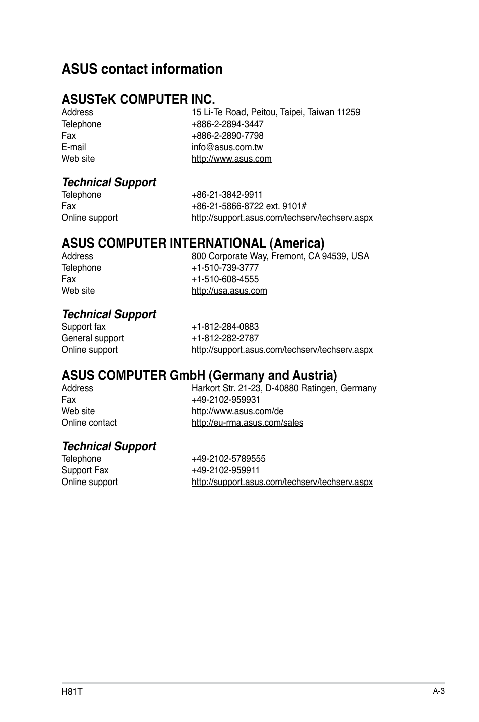 Asus contact information, Asustek computer inc, Asus computer international (america) | Asus computer gmbh (germany and austria), Technical support | Asus H81T User Manual | Page 72 / 73