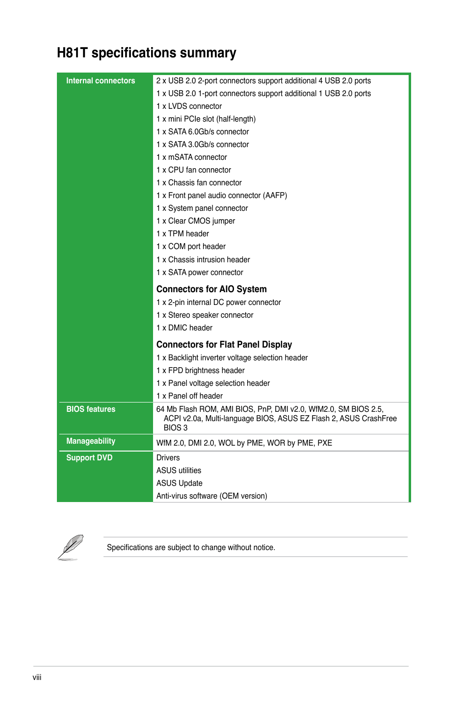 H81t specifications summary | Asus H81T User Manual | Page 8 / 73