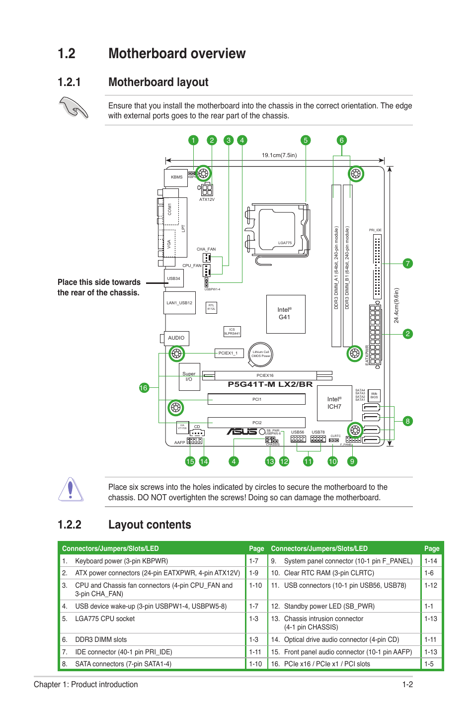 2 motherboard overview, 1 motherboard layout, 2 layout contents | Motherboard overview -2 1.2.1, Motherboard layout -2, Layout contents -2, 2 chapter 1: product introduction | Asus P5G41T-M LX2/BR User Manual | Page 11 / 45