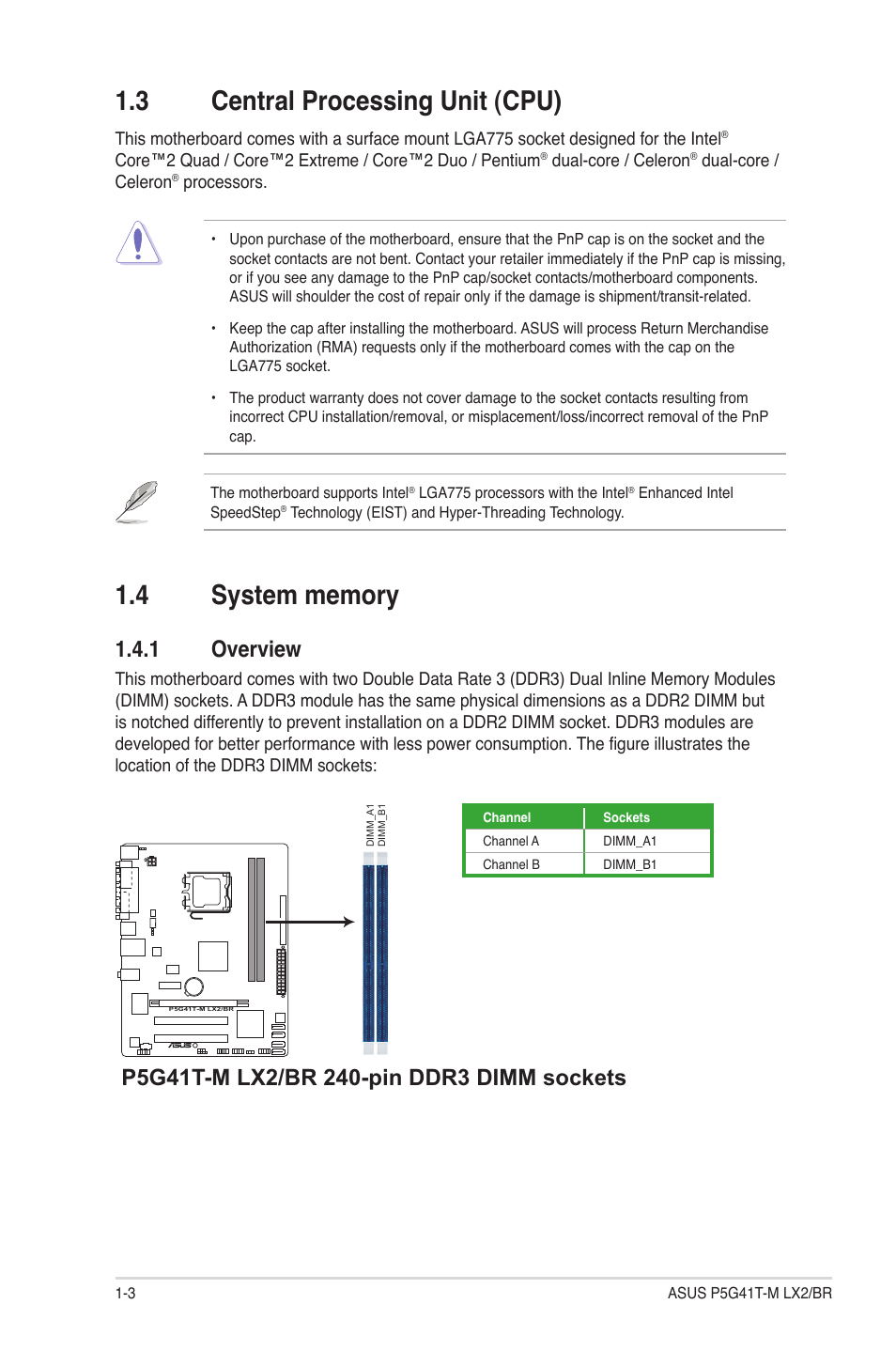 3 central processing unit (cpu), 4 system memory, 1 overview | Central processing unit (cpu) -3, System memory -3 1.4.1, Overview -3 | Asus P5G41T-M LX2/BR User Manual | Page 12 / 45