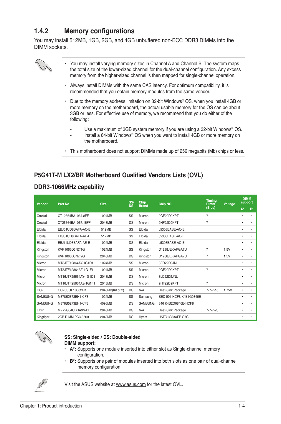 2 memory configurations, Memory configurations -4 | Asus P5G41T-M LX2/BR User Manual | Page 13 / 45