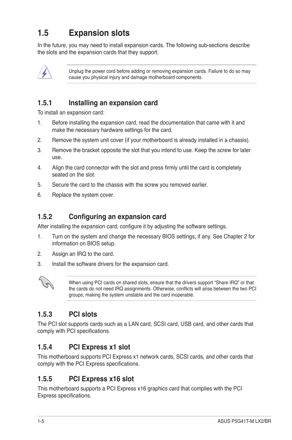 5 expansion slots, 1 installing an expansion card, 2 configuring an expansion card | 3 pci slots, 4 pci express x1 slot, 5 pci express x16 slot, Expansion slots -5 1.5.1, Installing an expansion card -5, Configuring an expansion card -5, Pci slots -5 | Asus P5G41T-M LX2/BR User Manual | Page 14 / 45