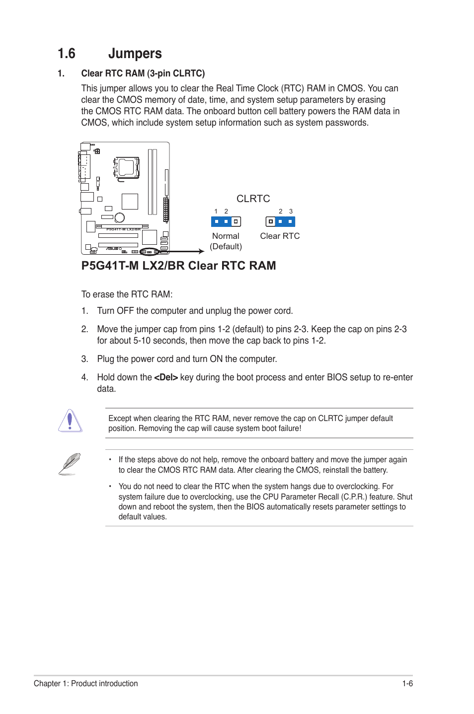 6 jumpers, Jumpers -6, P5g41t-m lx2/br clear rtc ram | Asus P5G41T-M LX2/BR User Manual | Page 15 / 45