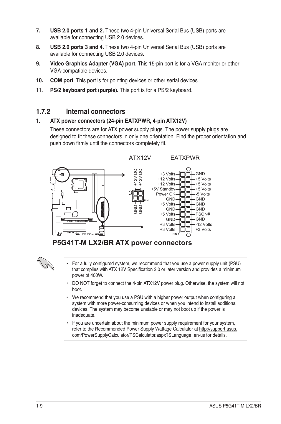 2 internal connectors, Internal connectors -9, P5g41t-m lx2/br atx power connectors | Eatxpwr, Atx12v | Asus P5G41T-M LX2/BR User Manual | Page 18 / 45