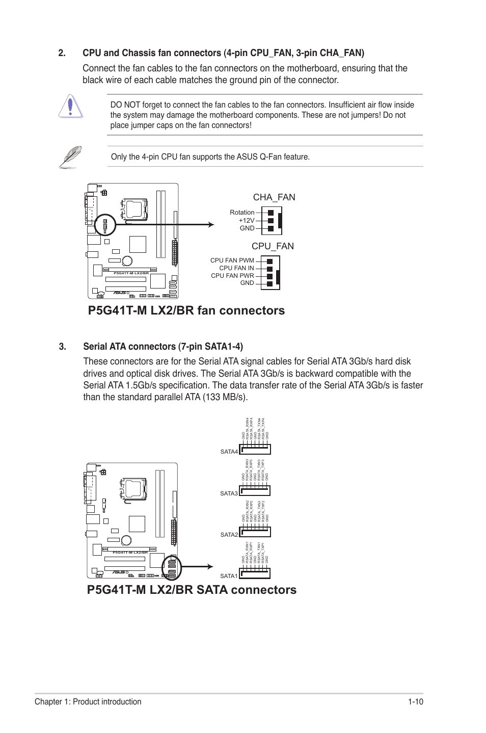 P5g41t-m lx2/br fan connectors, P5g41t-m lx2/br sata connectors, Cpu_fan | Cha_fan | Asus P5G41T-M LX2/BR User Manual | Page 19 / 45