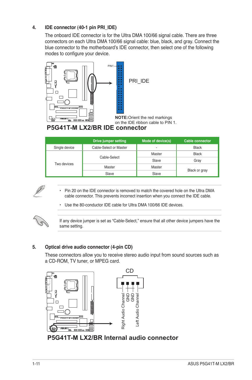 P5g41t-m lx2/br ide connector, P5g41t-m lx2/br internal audio connector, Pri_ide | Asus P5G41T-M LX2/BR User Manual | Page 20 / 45