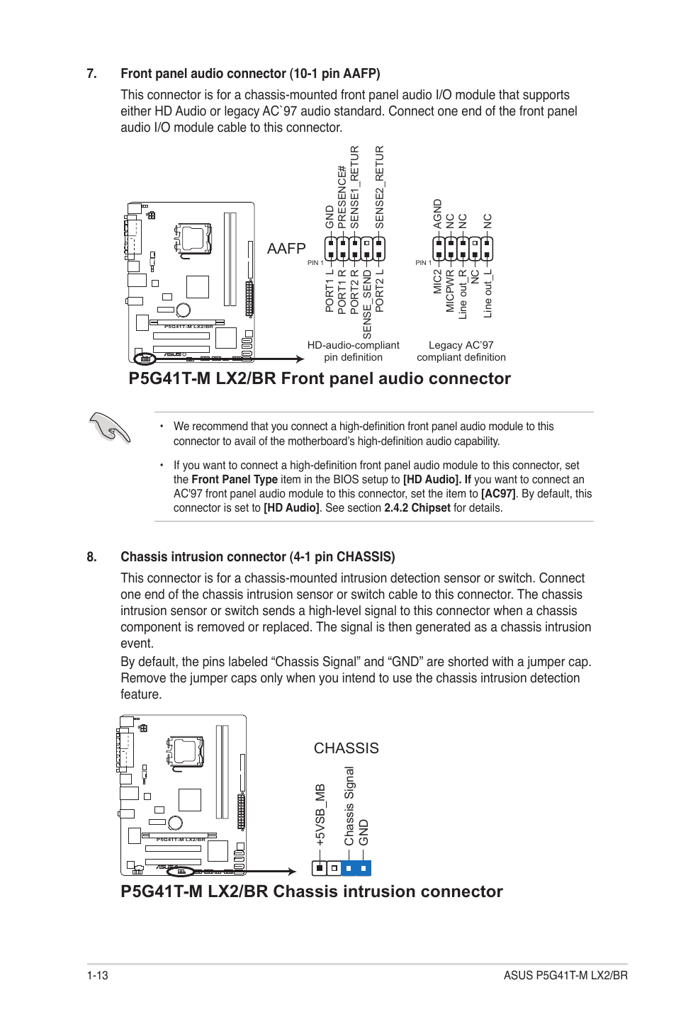 P5g41t-m lx2/br front panel audio connector, P5g41t-m lx2/br chassis intrusion connector, Aafp | Chassis | Asus P5G41T-M LX2/BR User Manual | Page 22 / 45