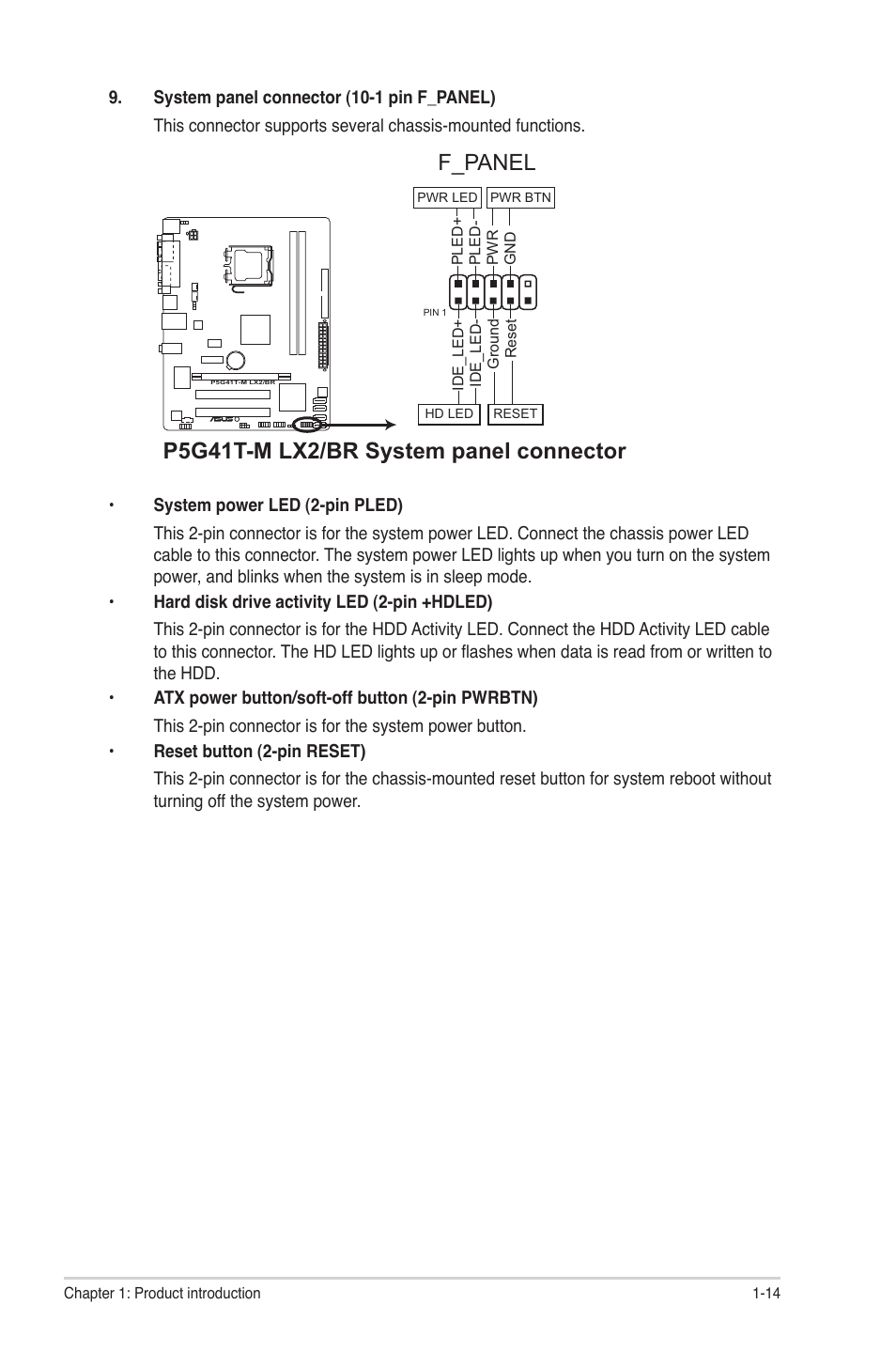 P5g41t-m lx2/br system panel connector, F_panel | Asus P5G41T-M LX2/BR User Manual | Page 23 / 45