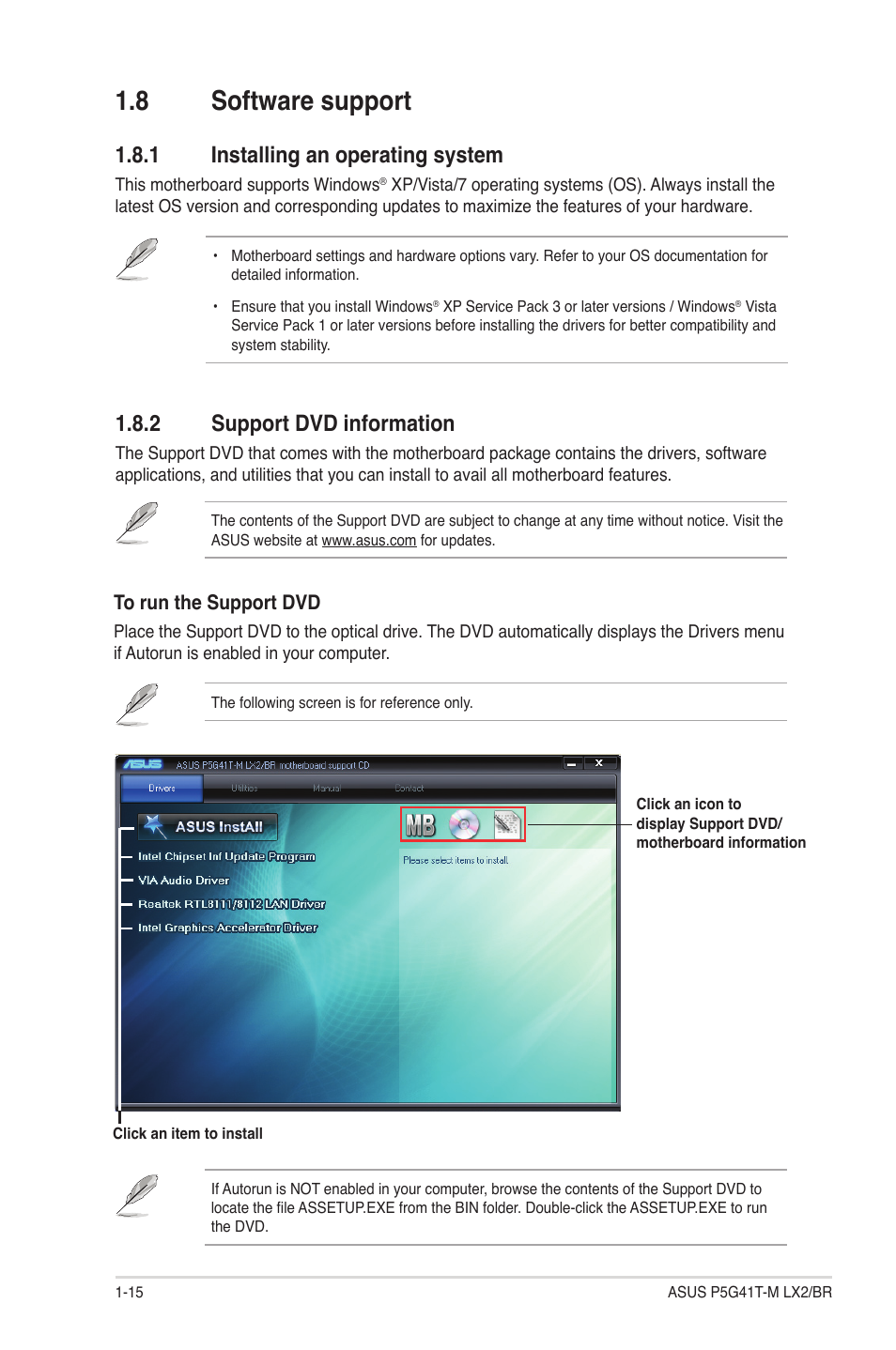 8 software support, 1 installing an operating system, 2 support dvd information | Software support -15 1.8.1, Installing an operating system -15, Support dvd information -15 | Asus P5G41T-M LX2/BR User Manual | Page 24 / 45