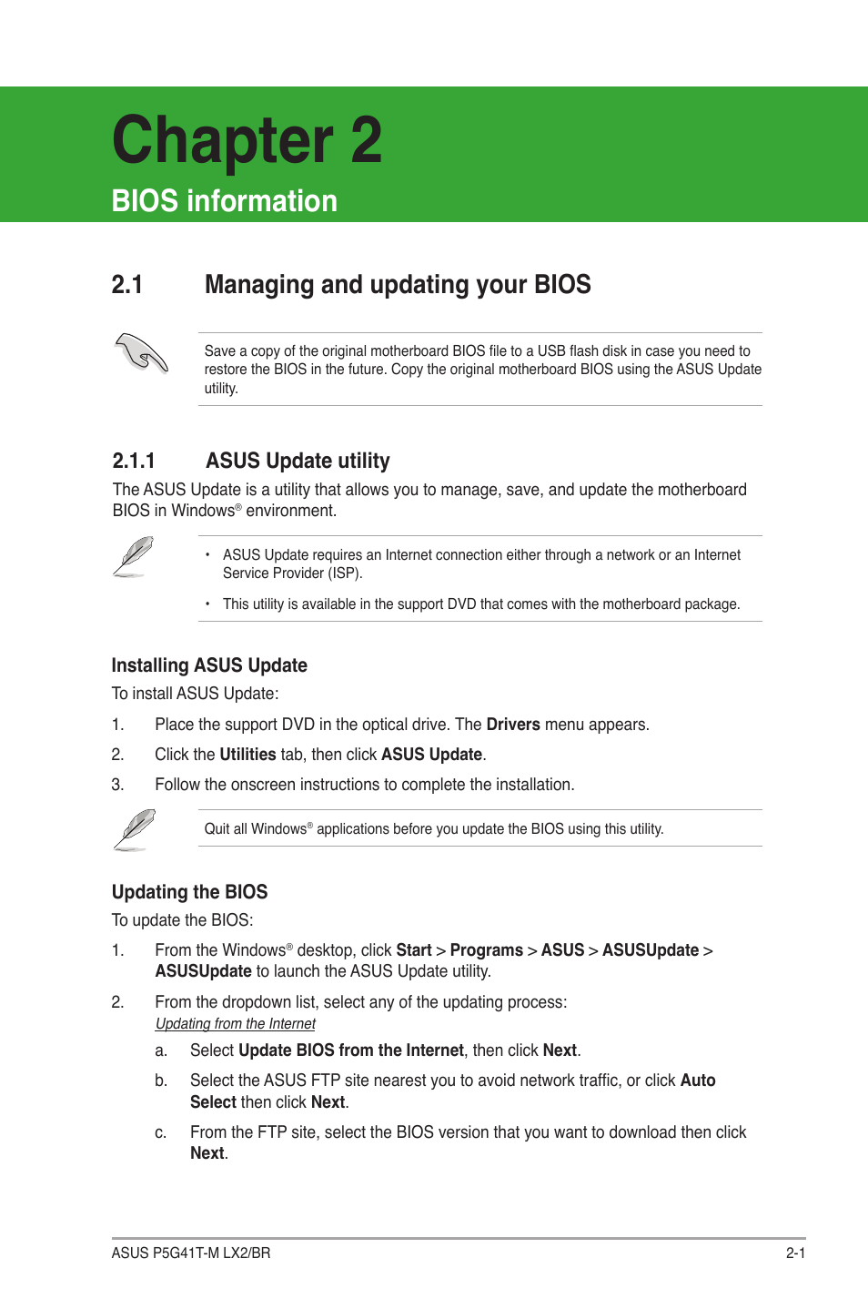 Chapter 2: bios information, 1 managing and updating your bios, 1 asus update utility | Managing and updating your bios -1 2.1.1, Asus update utility -1, Chapter 2, Bios information | Asus P5G41T-M LX2/BR User Manual | Page 31 / 45