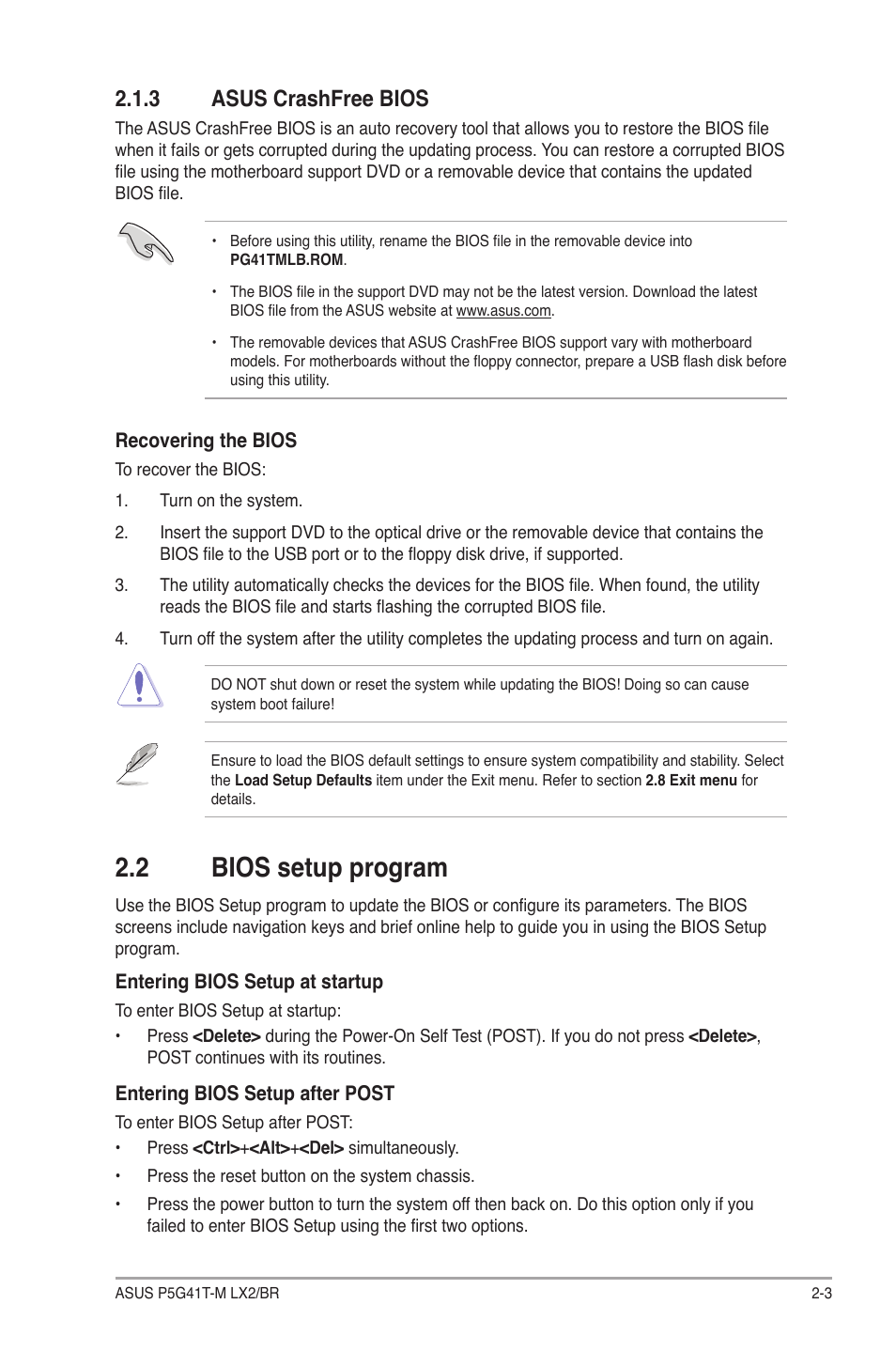 3 asus crashfree bios, 2 bios setup program, Asus crashfree bios -3 | Bios setup program -3 | Asus P5G41T-M LX2/BR User Manual | Page 33 / 45