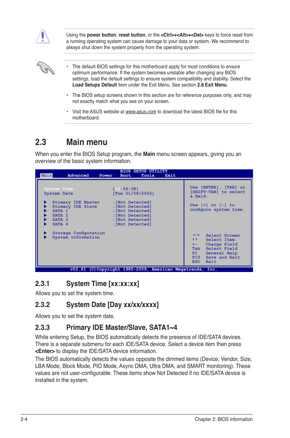 3 main menu, 1 system time, 2 system date | 3 primary ide master/slave, sata1~4, Main menu -4 2.3.1, System time -4, System date -4, Primary ide master/slave, sata1~4 -4, 1 system time [xx:xx:xx | Asus P5G41T-M LX2/BR User Manual | Page 34 / 45