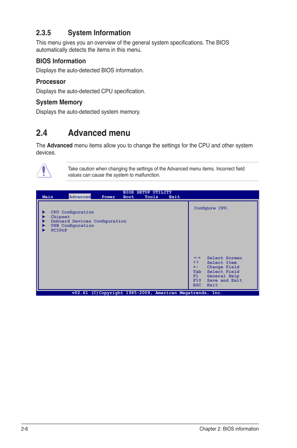 5 system information, 4 advanced menu, System information -6 | Advanced menu -6, Bios information, Processor | Asus P5G41T-M LX2/BR User Manual | Page 36 / 45