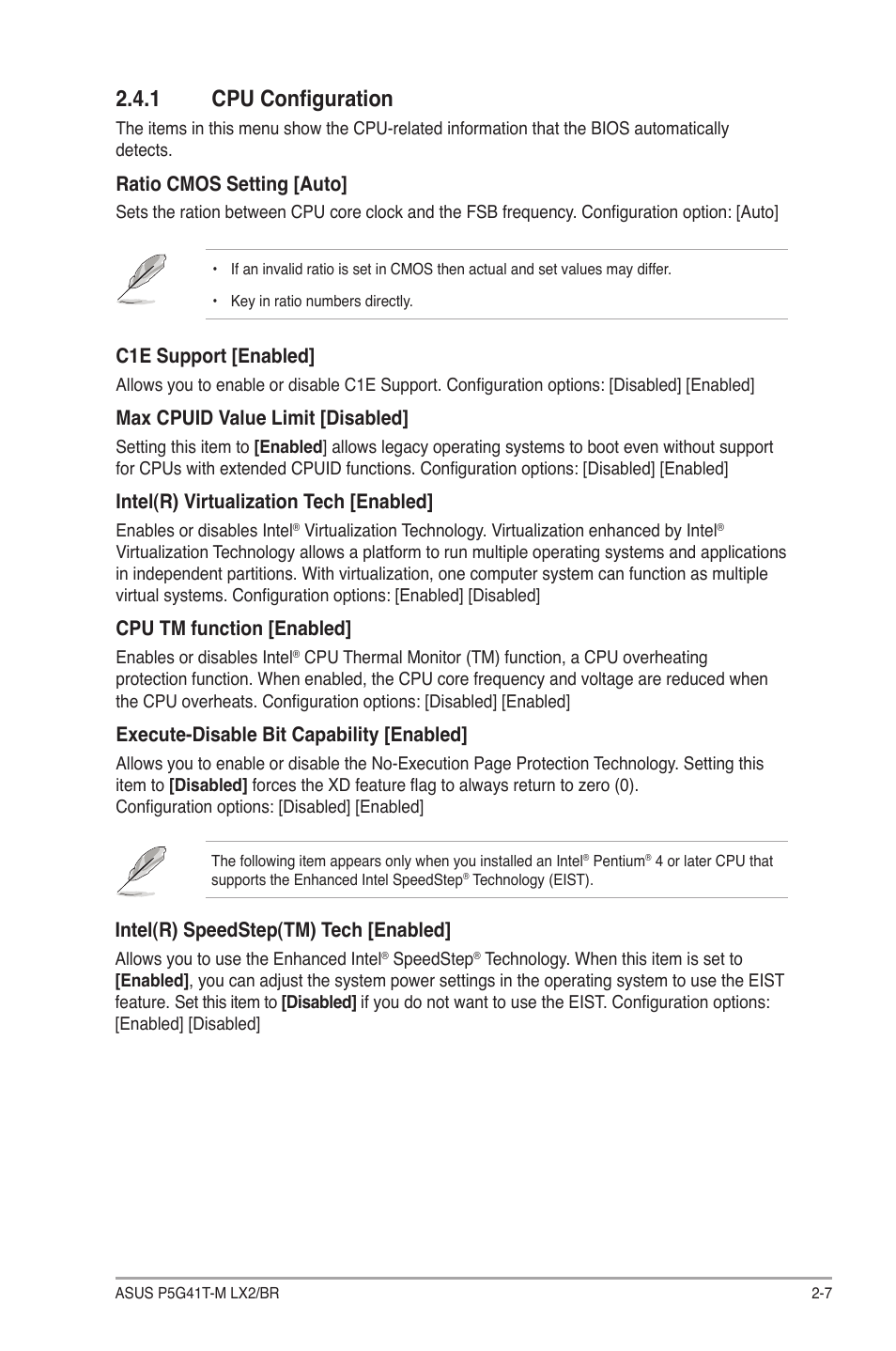 1 cpu configuration, Cpu configuration -7 | Asus P5G41T-M LX2/BR User Manual | Page 37 / 45