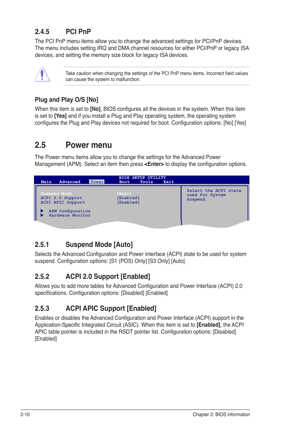 5 pci pnp, 5 power menu, 1 suspend mode | 2 acpi 2.0 support, 3 acpi apic support, Pci pnp -10, Power menu -10 2.5.1, Suspend mode -10, Acpi 2.0 support -10, Acpi apic support -10 | Asus P5G41T-M LX2/BR User Manual | Page 40 / 45