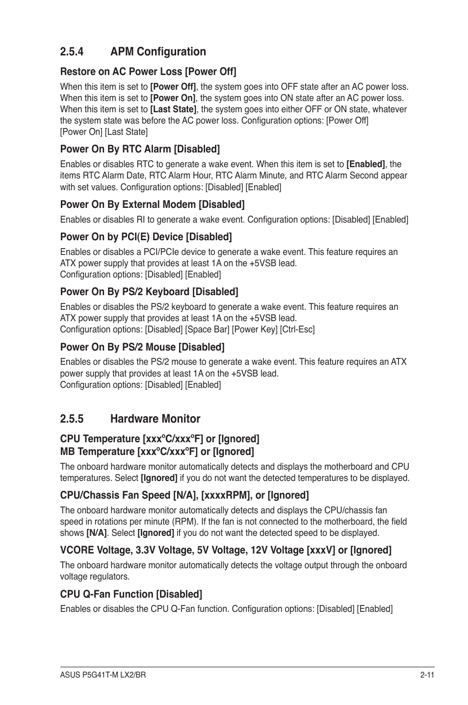 4 apm configuration, 5 hardware monitor, Apm configuration -11 | Hardware monitor -11 | Asus P5G41T-M LX2/BR User Manual | Page 41 / 45