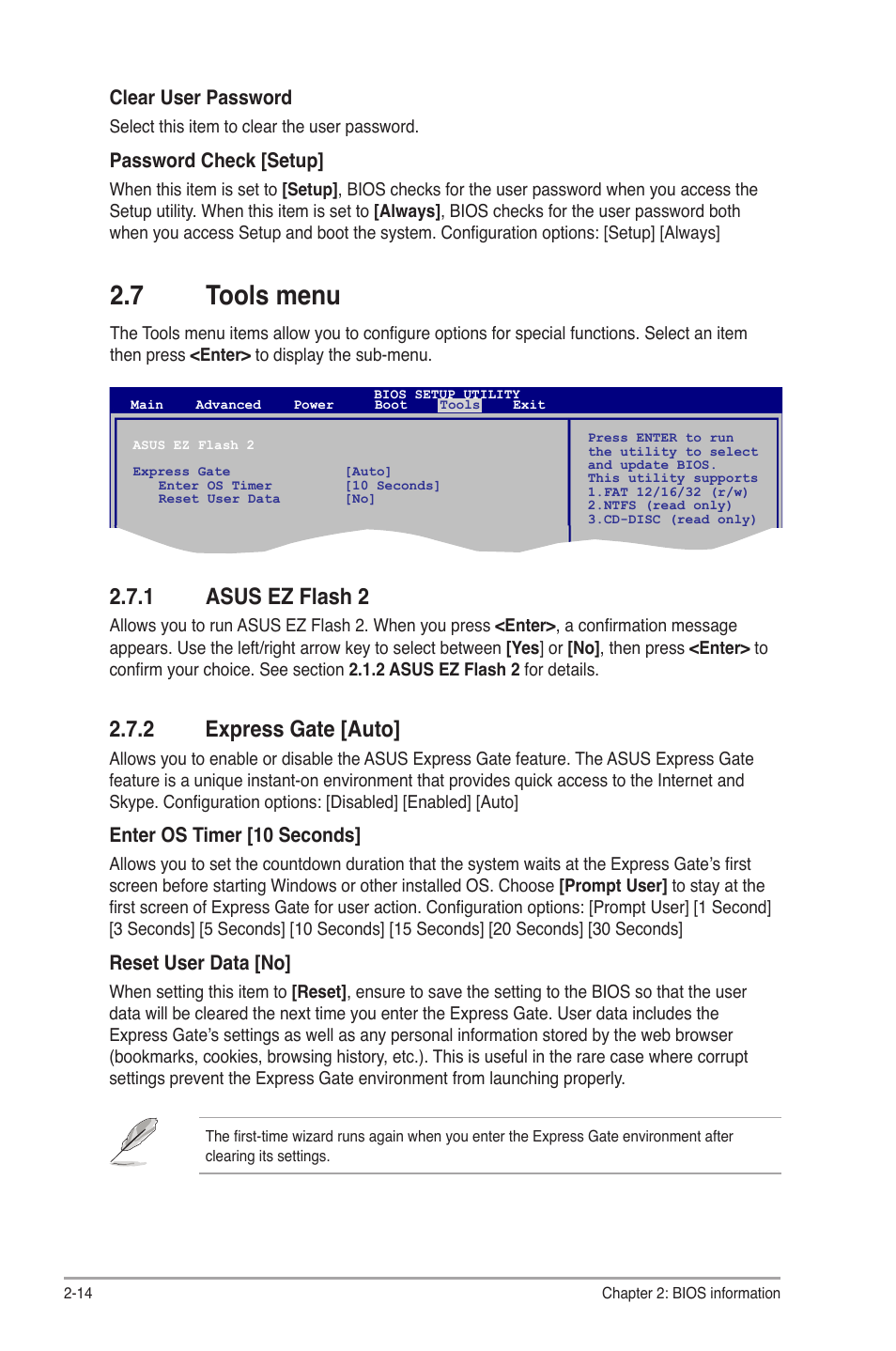 7 tools menu, 1 asus ez flash 2, 2 express gate | Tools menu -14 2.7.1, Asus ez flash 2 -14, Express gate -14, 2 express gate [auto | Asus P5G41T-M LX2/BR User Manual | Page 44 / 45