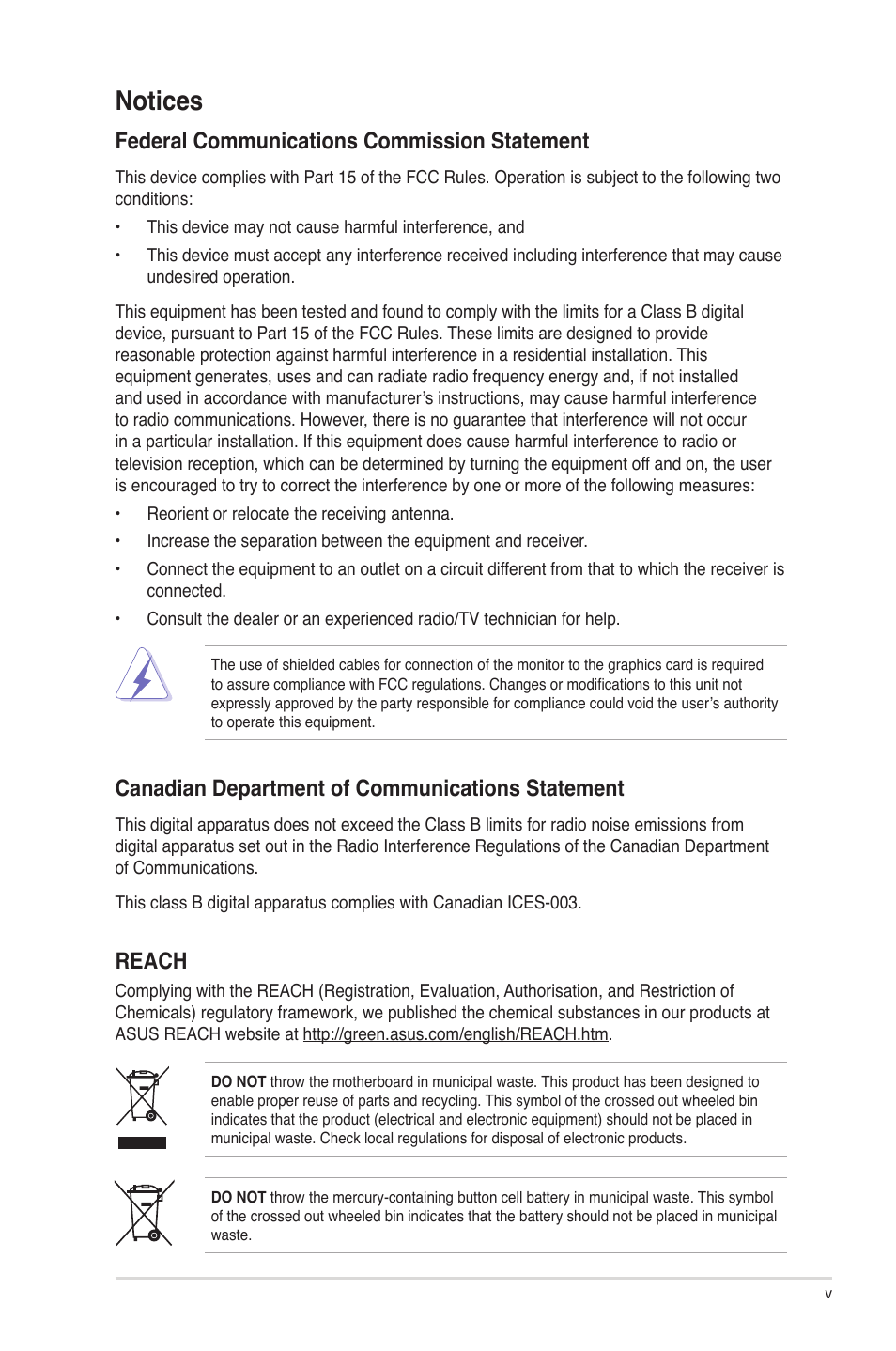 Notices, Federal communications commission statement, Canadian department of communications statement | Reach | Asus P5G41T-M LX2/BR User Manual | Page 5 / 45