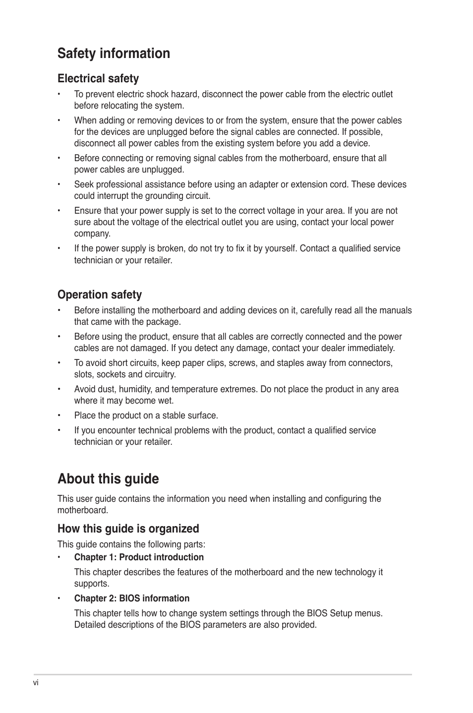 Safety information, About this guide, Electrical safety | Operation safety, How this guide is organized | Asus P5G41T-M LX2/BR User Manual | Page 6 / 45