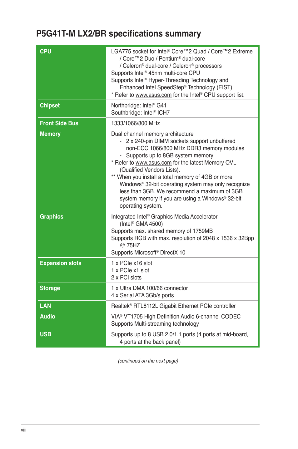 P5g41t-m lx2/br specifications summary | Asus P5G41T-M LX2/BR User Manual | Page 8 / 45