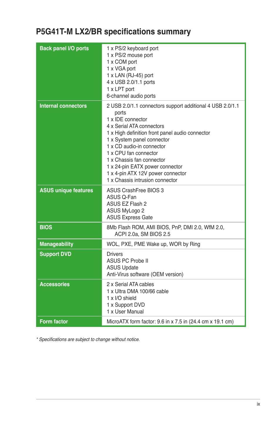 P5g41t-m lx2/br specifications summary | Asus P5G41T-M LX2/BR User Manual | Page 9 / 45