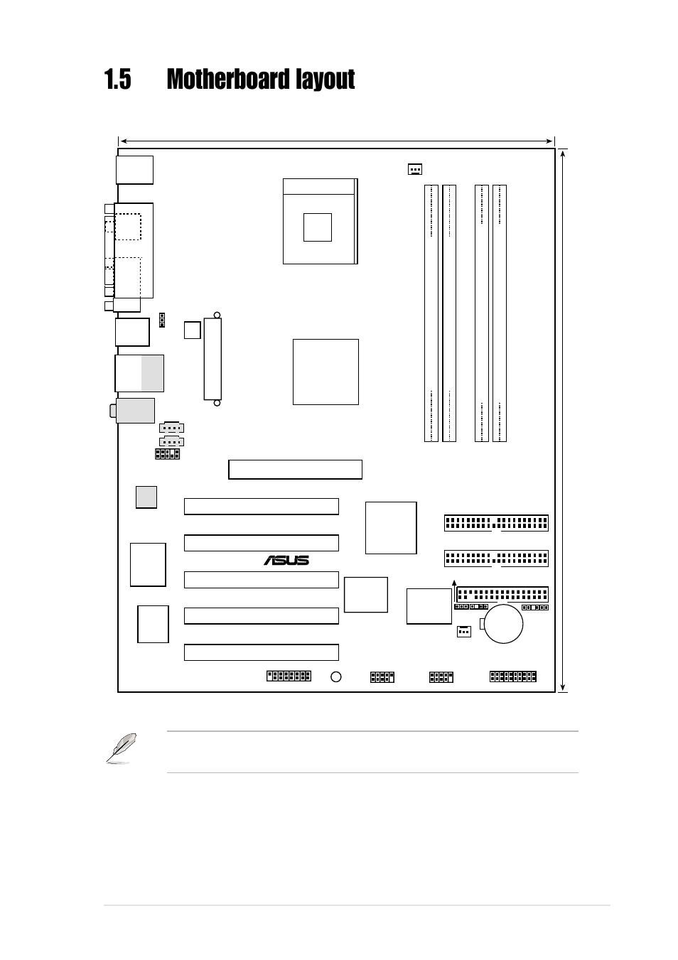 5 motherboard layout, Asus p4xp-x motherboard user guide 1-7, 5cm (12in) | 5cm (9.6in) | Asus P4XP-X User Manual | Page 17 / 64