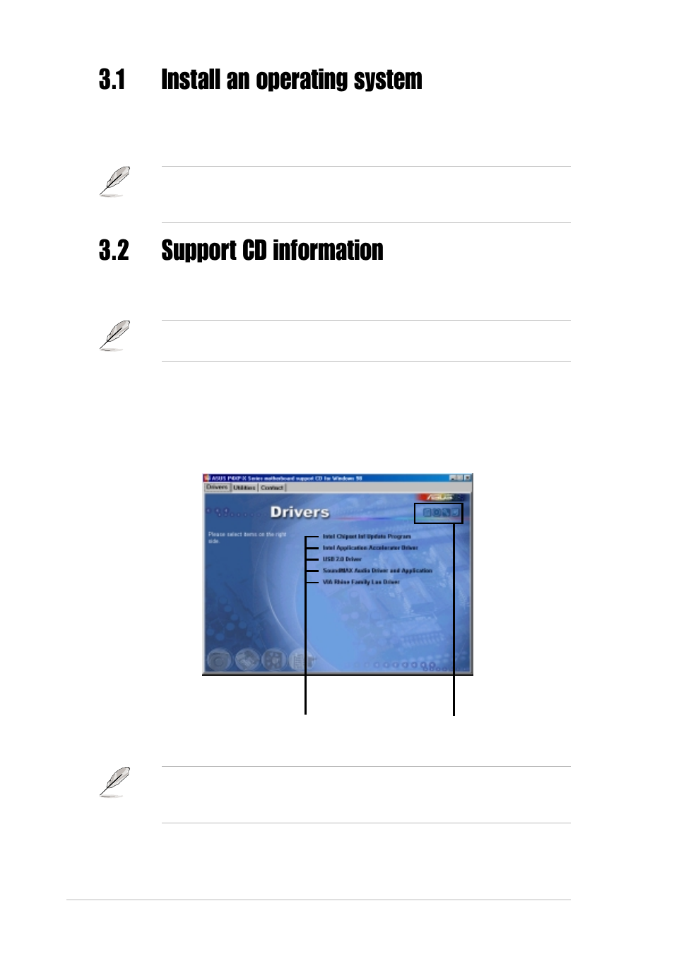 1 install an operating system, 2 support cd information, 1 running the support cd | Asus P4XP-X User Manual | Page 62 / 64