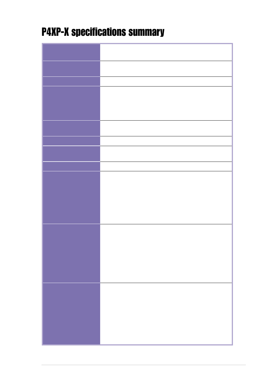 P4xp-x specifications summary | Asus P4XP-X User Manual | Page 9 / 64