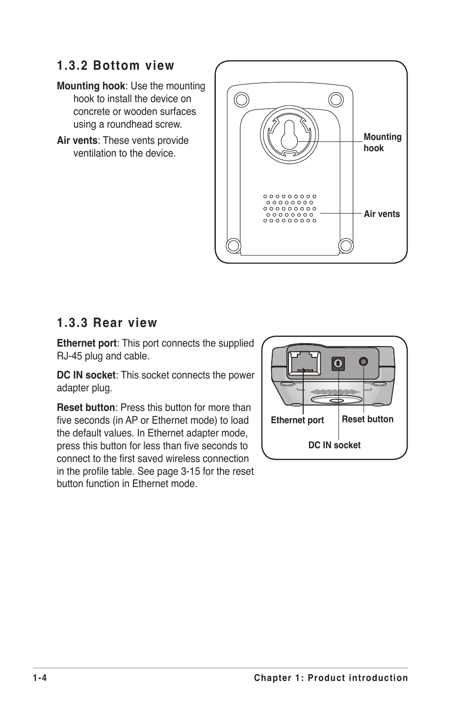 2 bottom view, 3 rear view | Asus WL-330gE User Manual | Page 16 / 72