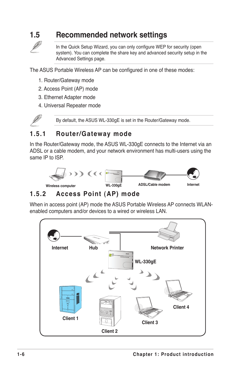 5 recommended network settings, 2 access point (ap) mode, 1 router/gateway mode | Asus WL-330gE User Manual | Page 18 / 72