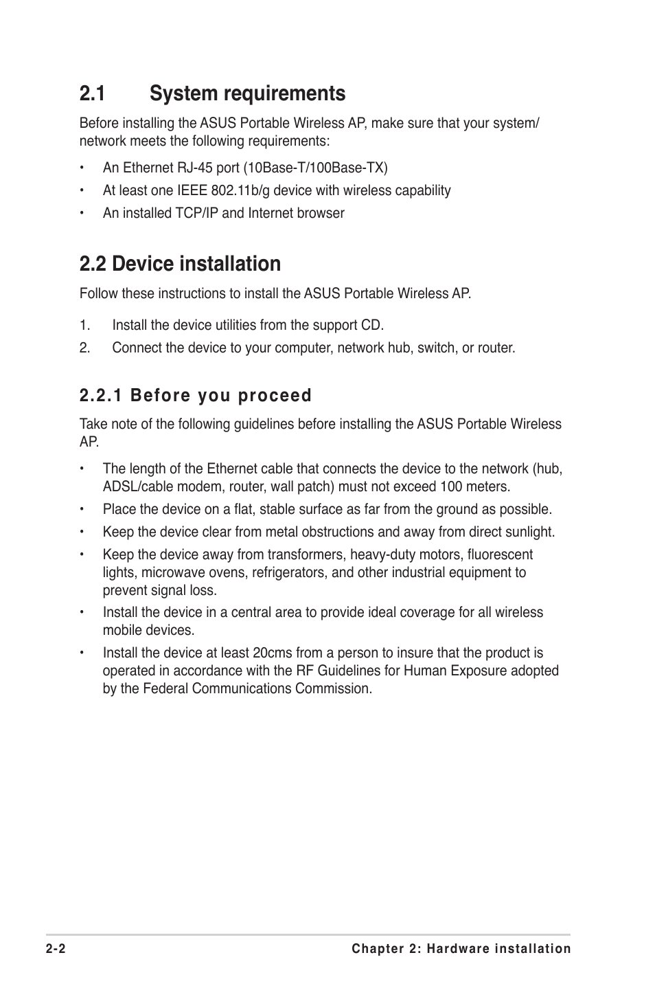 1 system requirements, 2 device installation, 1 before you proceed | Asus WL-330gE User Manual | Page 22 / 72