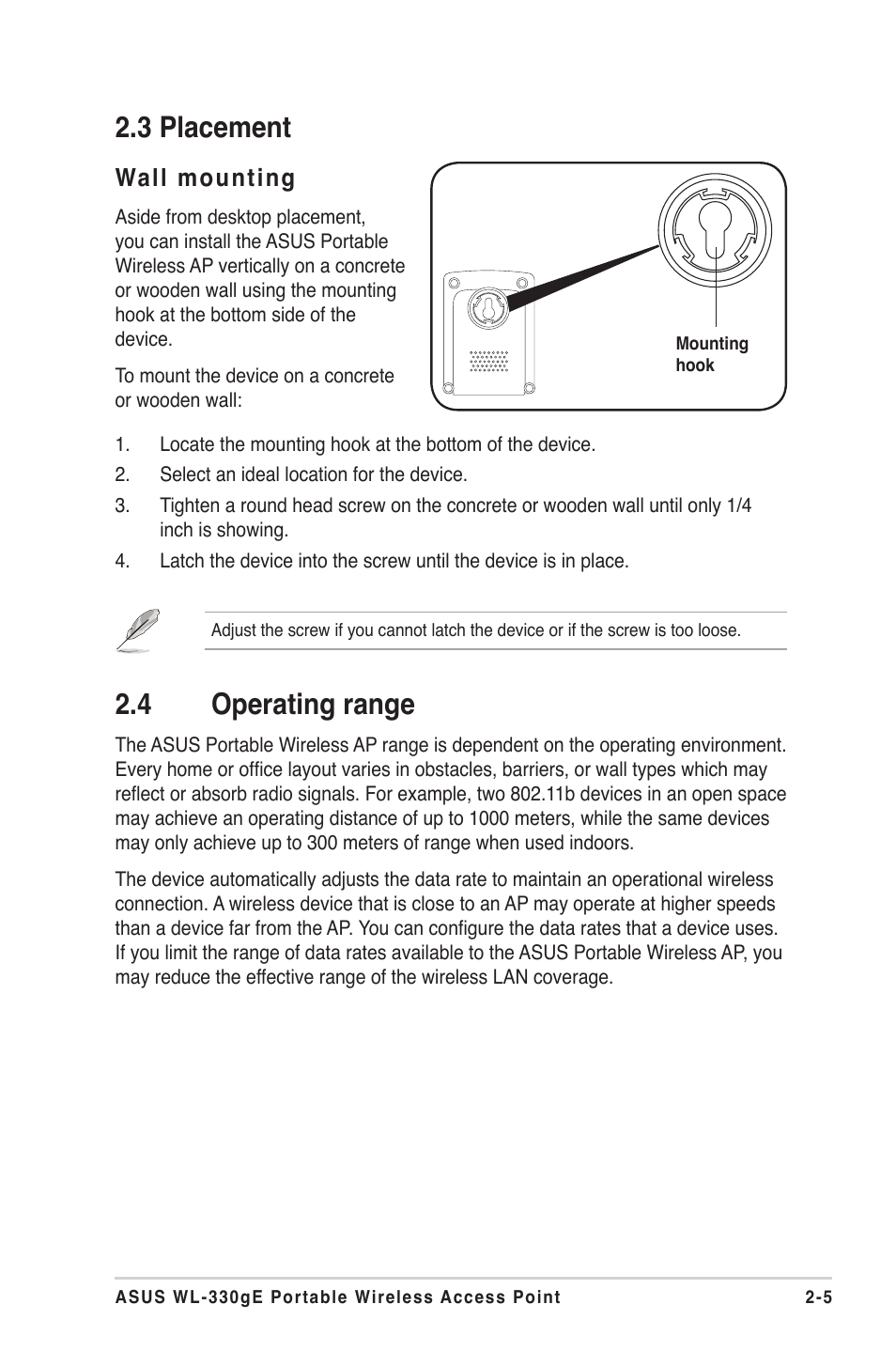 3 placement, 4 operating range, Wall mounting | Asus WL-330gE User Manual | Page 25 / 72