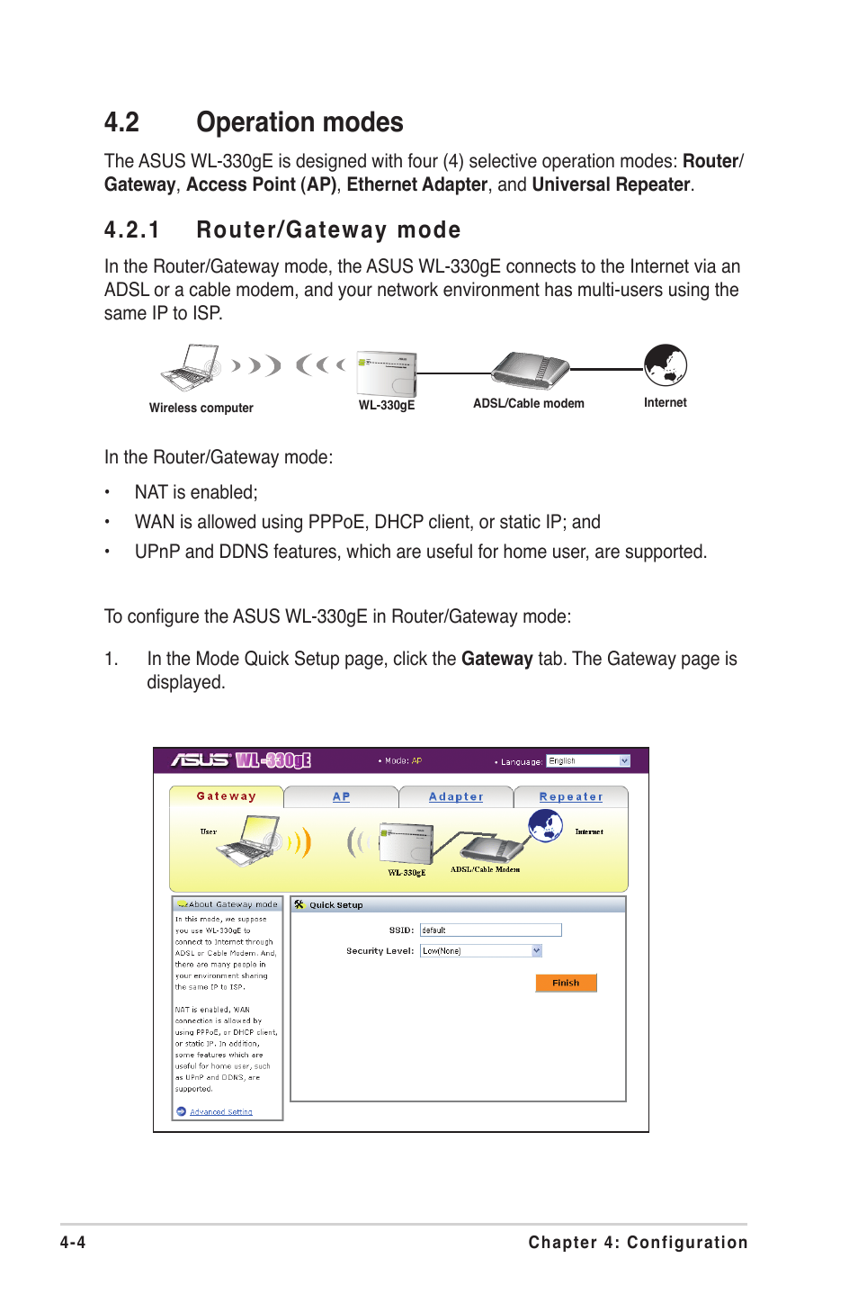 2 operation modes, 1 router/gateway mode | Asus WL-330gE User Manual | Page 34 / 72