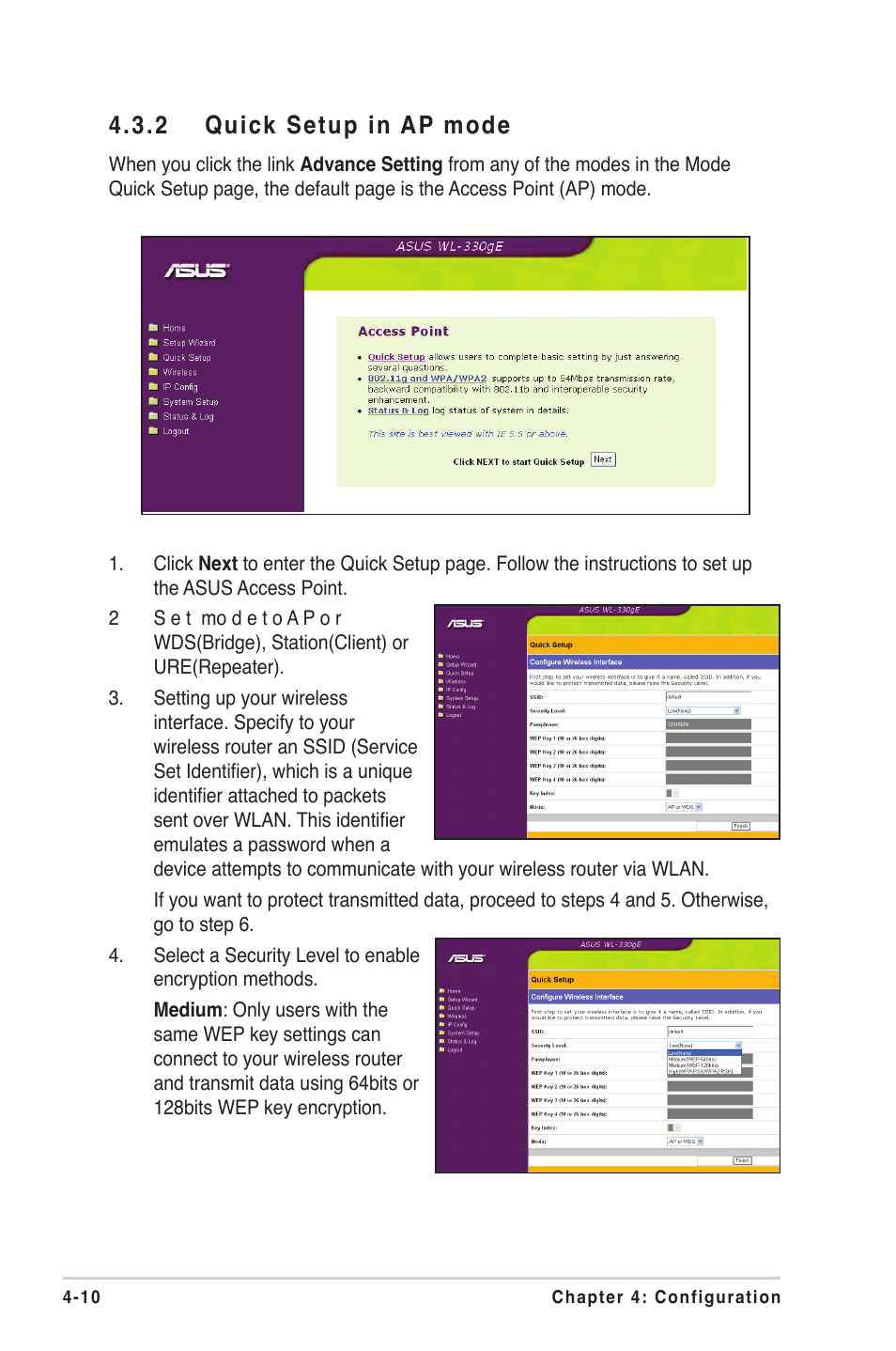 2 quick setup in ap mode | Asus WL-330gE User Manual | Page 40 / 72