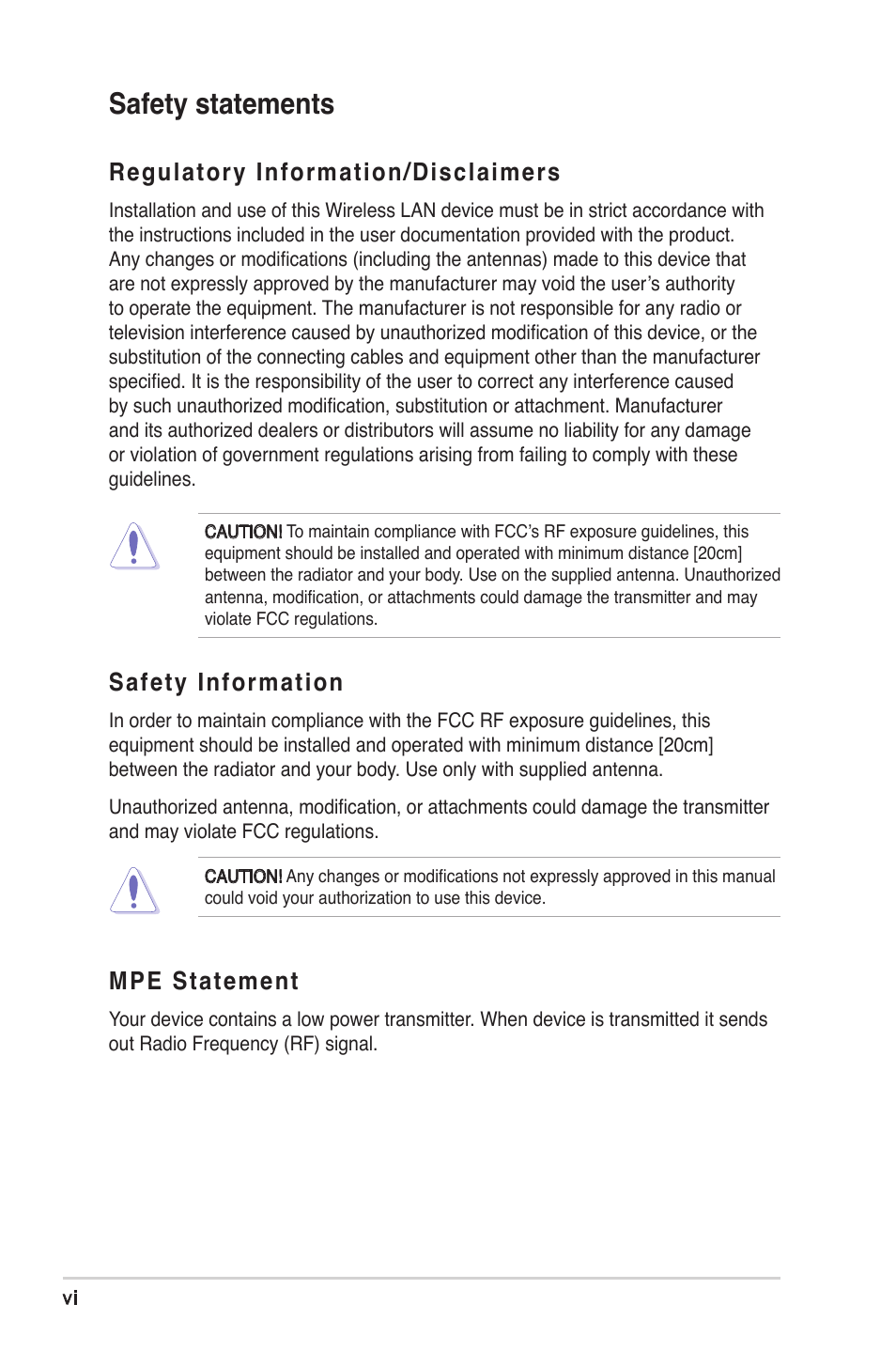 Safety statements, Regulatory information/disclaimers, Safety information | Mpe statement | Asus WL-330gE User Manual | Page 6 / 72