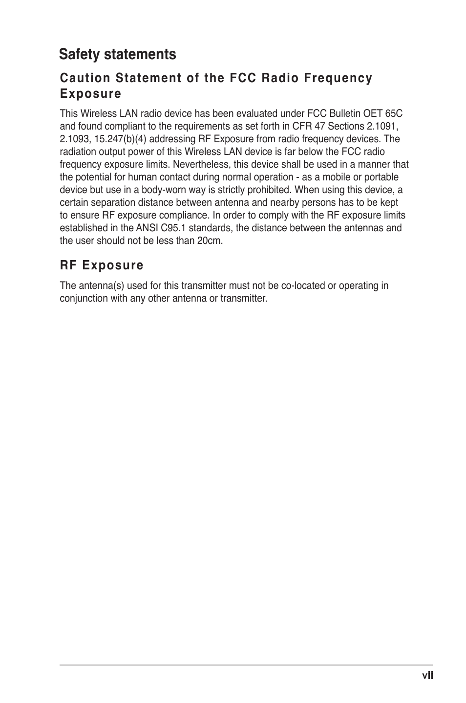 Safety statements, Rf exposure | Asus WL-330gE User Manual | Page 7 / 72