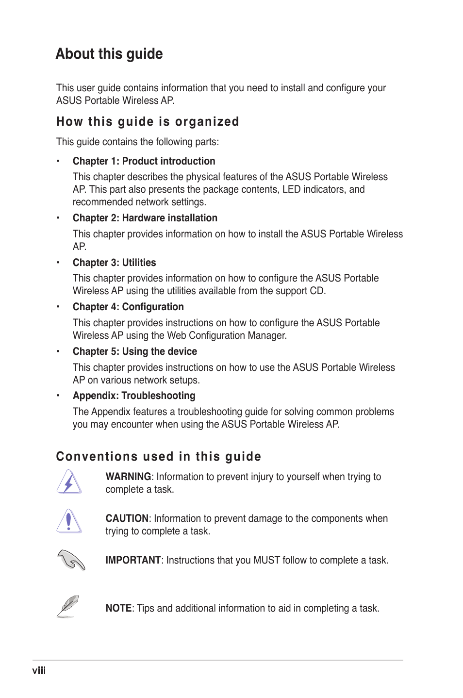 About this guide, How this guide is organized, Conventions used in this guide | Asus WL-330gE User Manual | Page 8 / 72