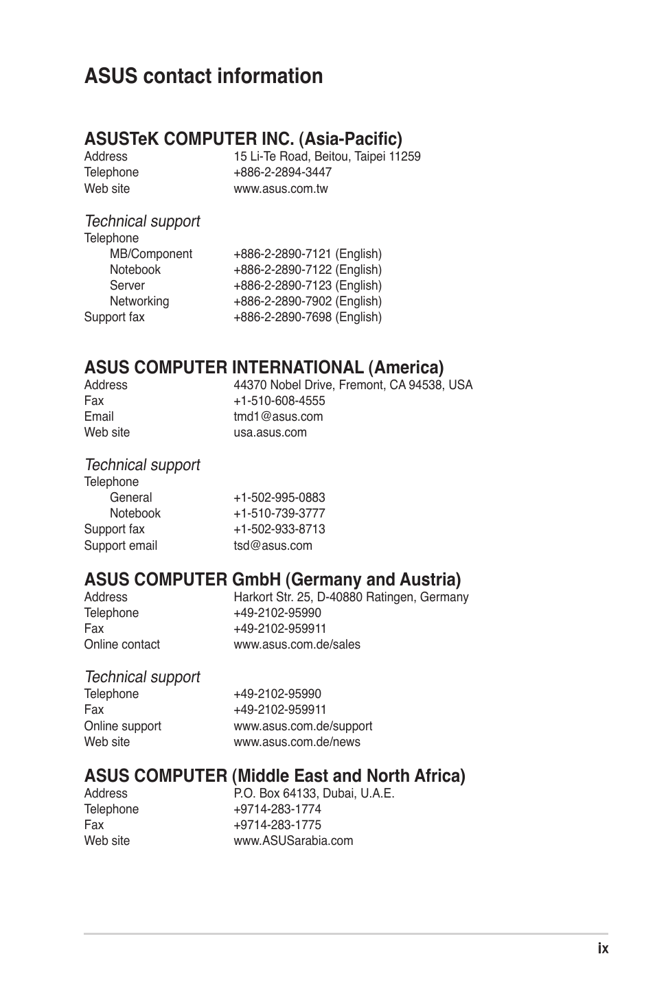 Asus contact information, Asustek computer inc. (asia-pacific), Asus computer international (america) | Asus computer gmbh (germany and austria), Asus computer (middle east and north africa), Technical support | Asus WL-330gE User Manual | Page 9 / 72
