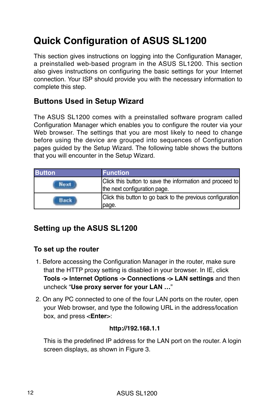 Quick configuration of asus sl1200, Buttons used in setup wizard, Setting up the asus sl1200 | Asus SL1200 User Manual | Page 12 / 18