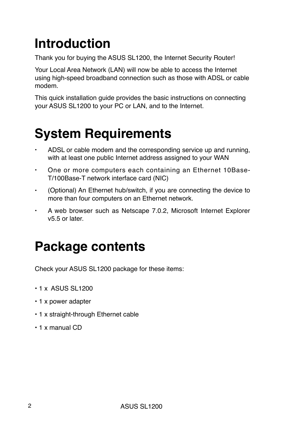 Introduction, System requirements, Package contents | Asus SL1200 User Manual | Page 2 / 18