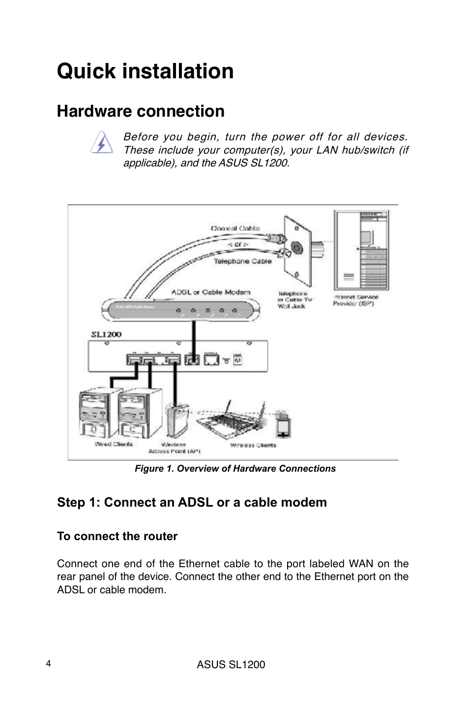Quick installation, Hardware connection | Asus SL1200 User Manual | Page 4 / 18