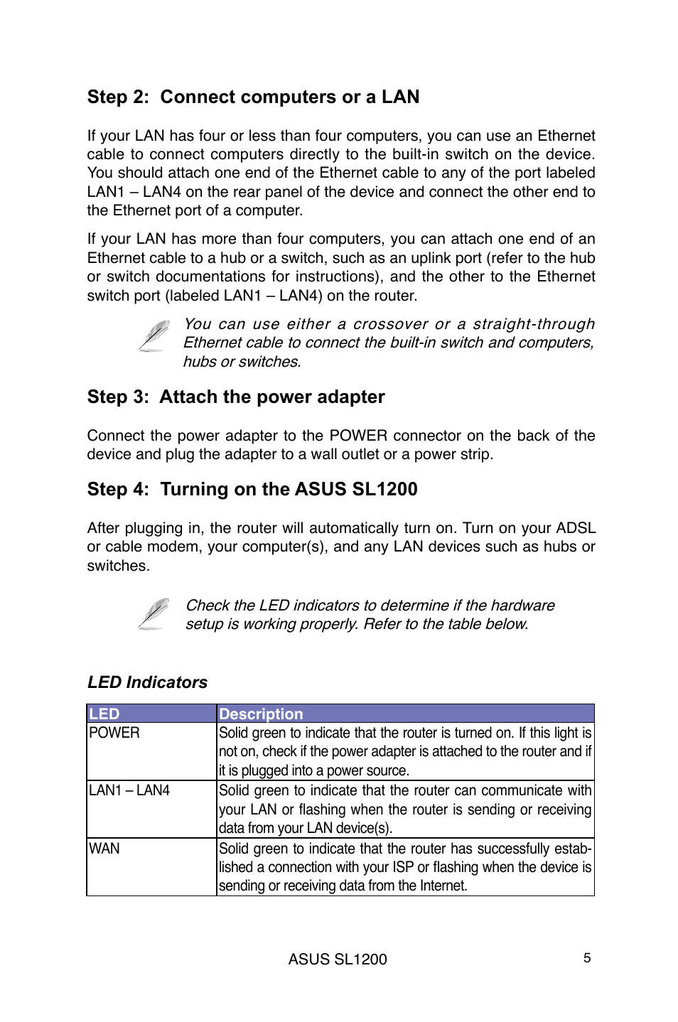 Step 2: connect computers or a lan, Step 3: attach the power adapter | Asus SL1200 User Manual | Page 5 / 18