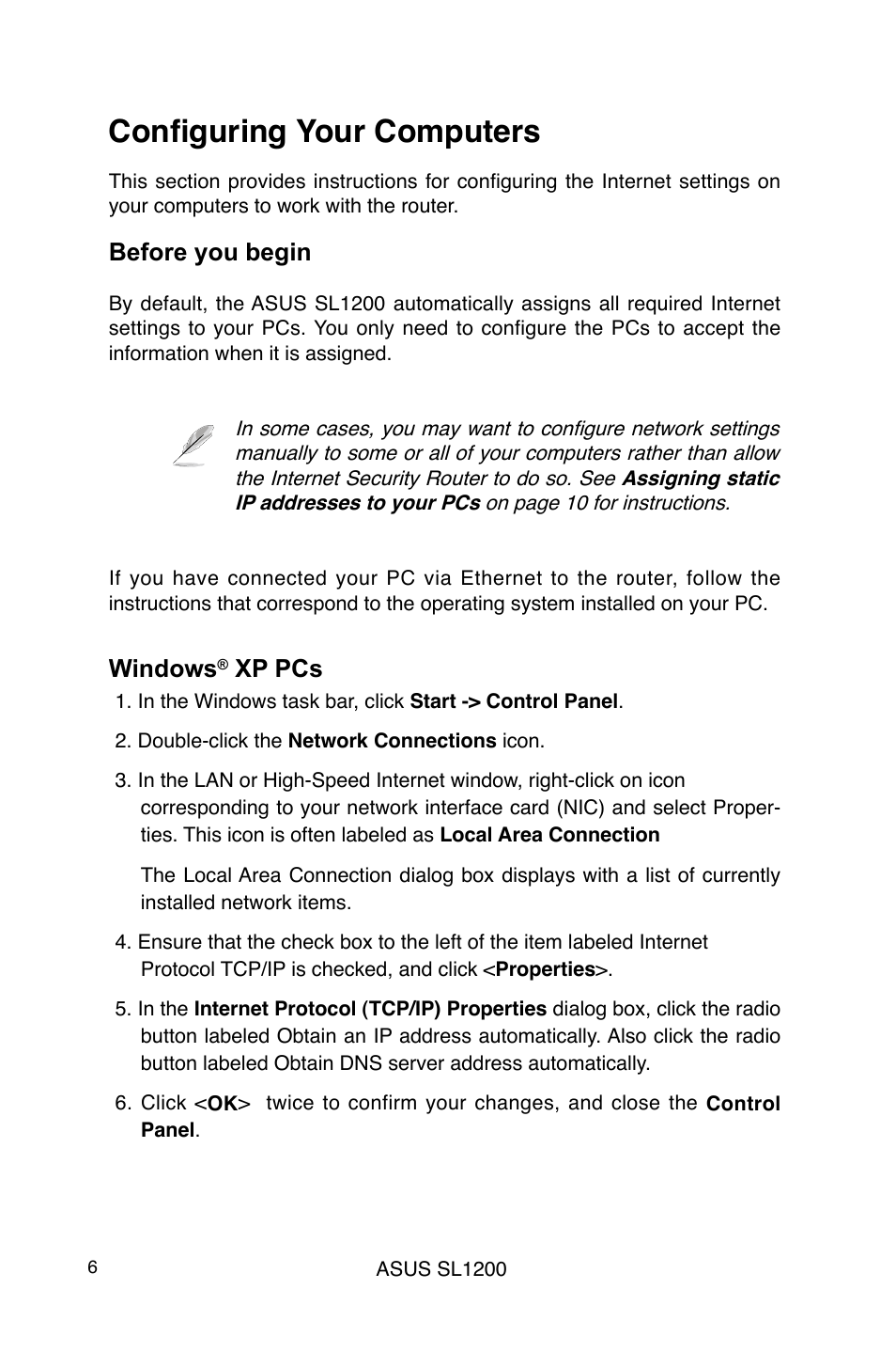 Configuring your computers, Before you begin, Windows | Xp pcs | Asus SL1200 User Manual | Page 6 / 18