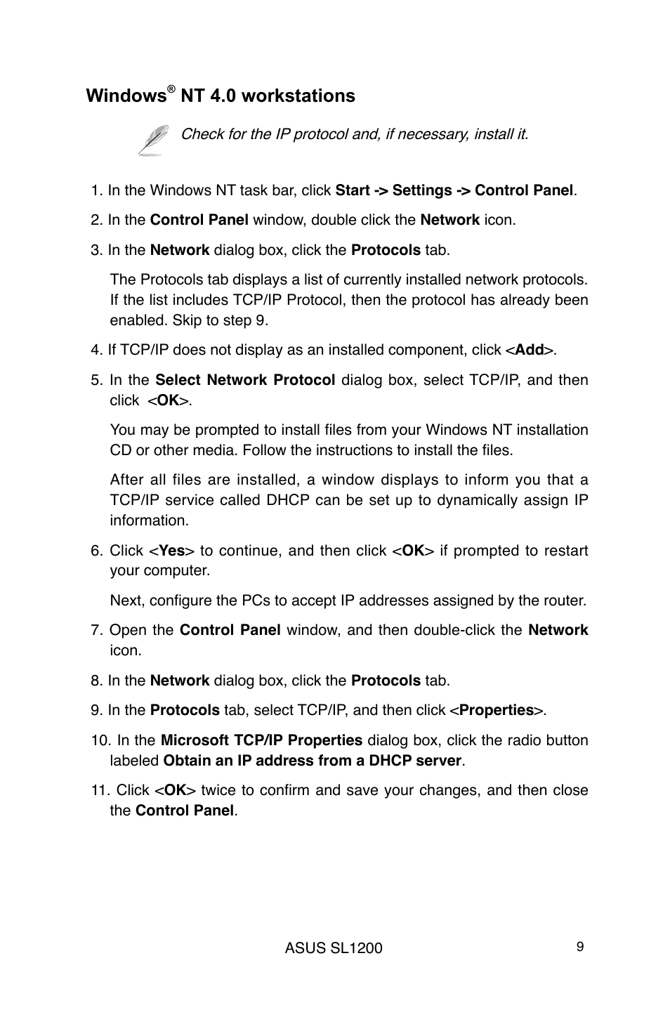 Windows, Nt 4.0 workstations | Asus SL1200 User Manual | Page 9 / 18