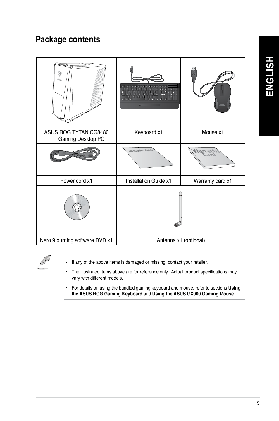 Package contents, En gl is h en gl is h en gl is h en gl is h | Asus CG8480 User Manual | Page 11 / 836