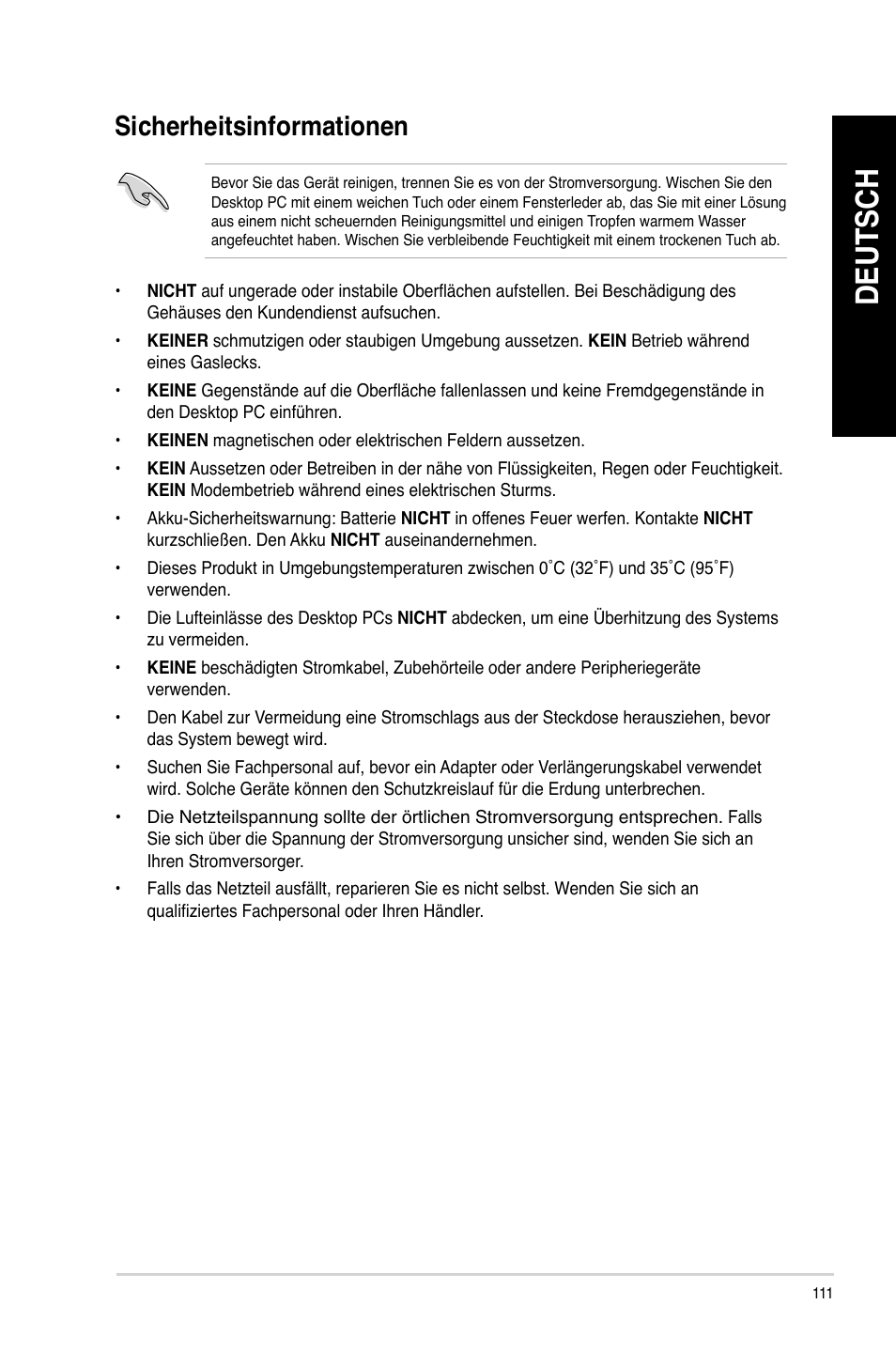 Sicherheitsinformationen, Deutsch | Asus CG8480 User Manual | Page 113 / 836