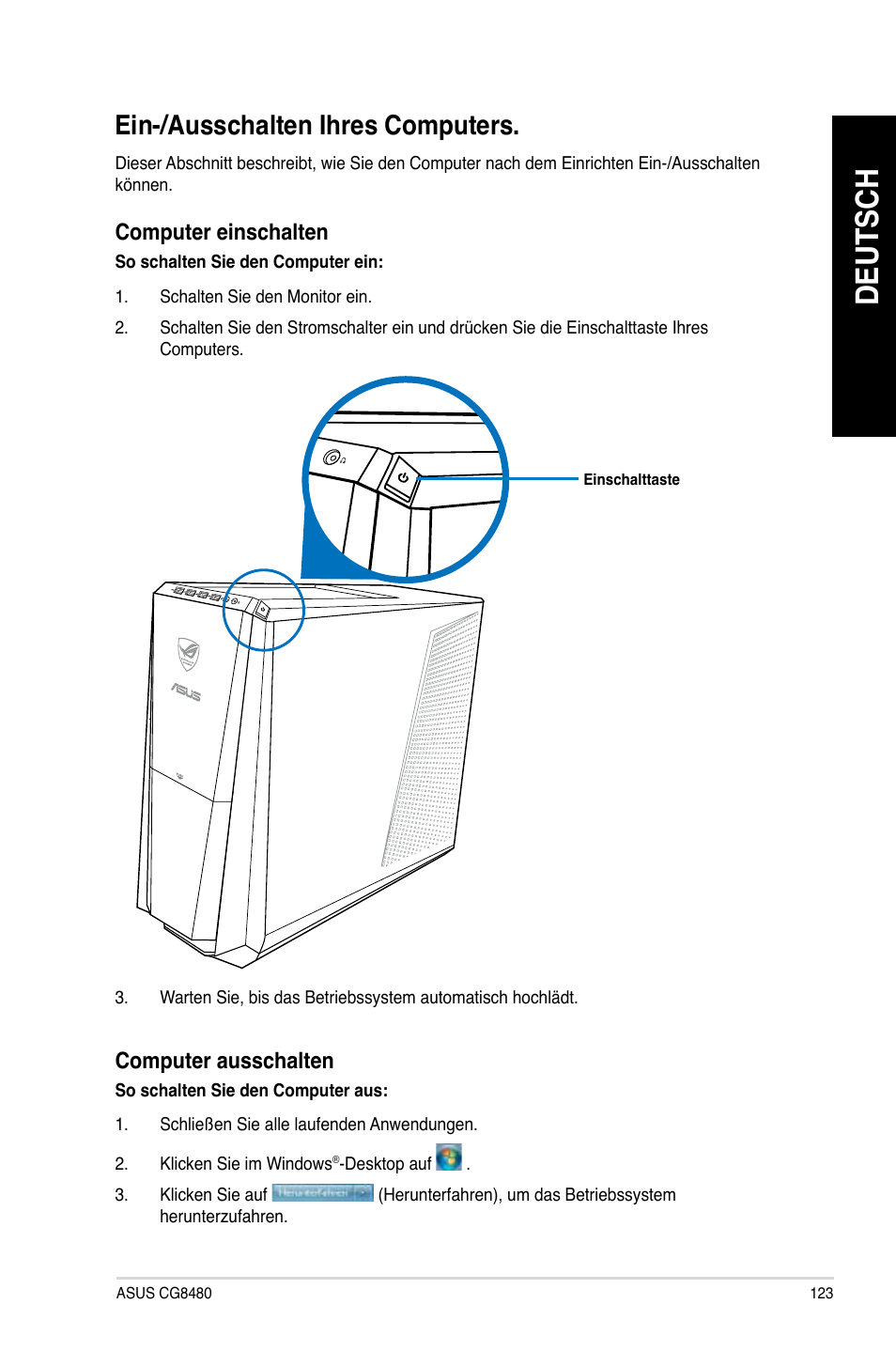 Ein-/ausschalten ihres computers, Deutsch | Asus CG8480 User Manual | Page 125 / 836