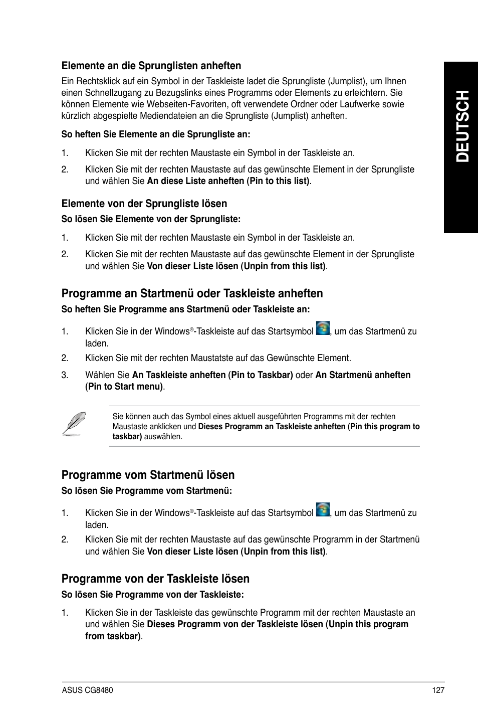 Deutsch, Programme.an.startmenü.oder.taskleiste.anheften, Programme.vom.startmenü.lösen | Programme.von.der.taskleiste.lösen | Asus CG8480 User Manual | Page 129 / 836